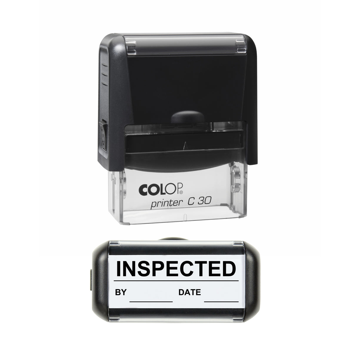 Inspected By and Date Stock Stamp, COLOP C30, 45 x 18mm, black ink