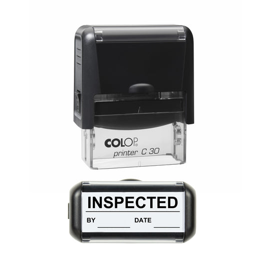 Stamp showing the Inspected Stock By and Date design, 45 x 18mm COLOP C30 self-inking stamp, black ink