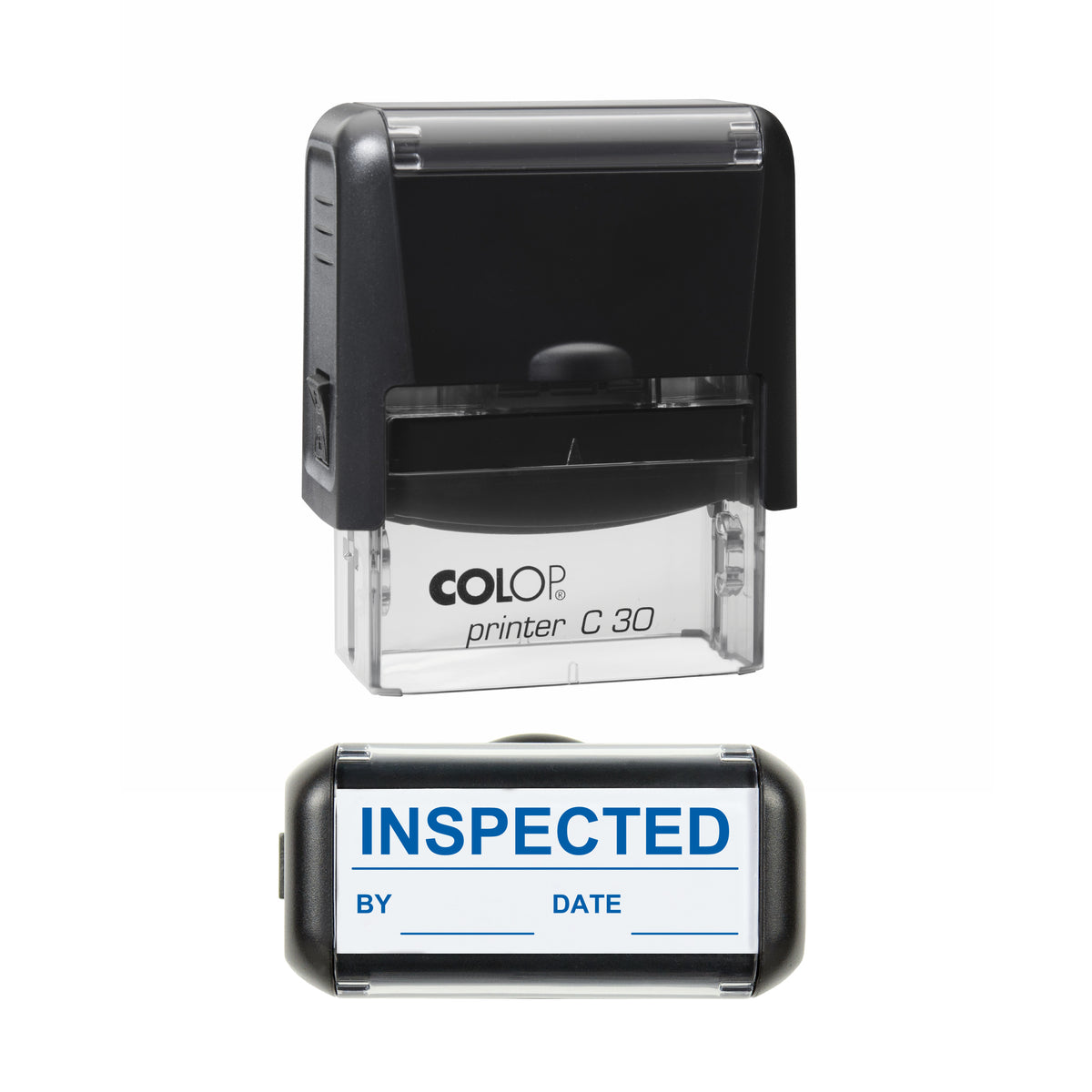 Inspected By and Date Stock Stamp, COLOP C30, 45 x 18mm, blue ink