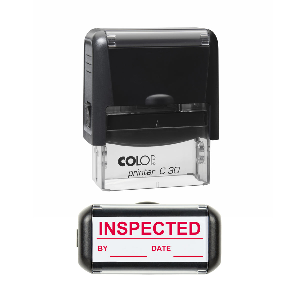 Inspected By and Date Stock Stamp, COLOP C30, 45 x 18mm, red ink