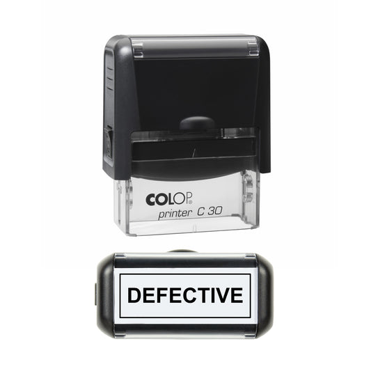 Stamp showing the Defective Stock design, 45 x 18mm COLOP C30 self-inking stamp, black ink