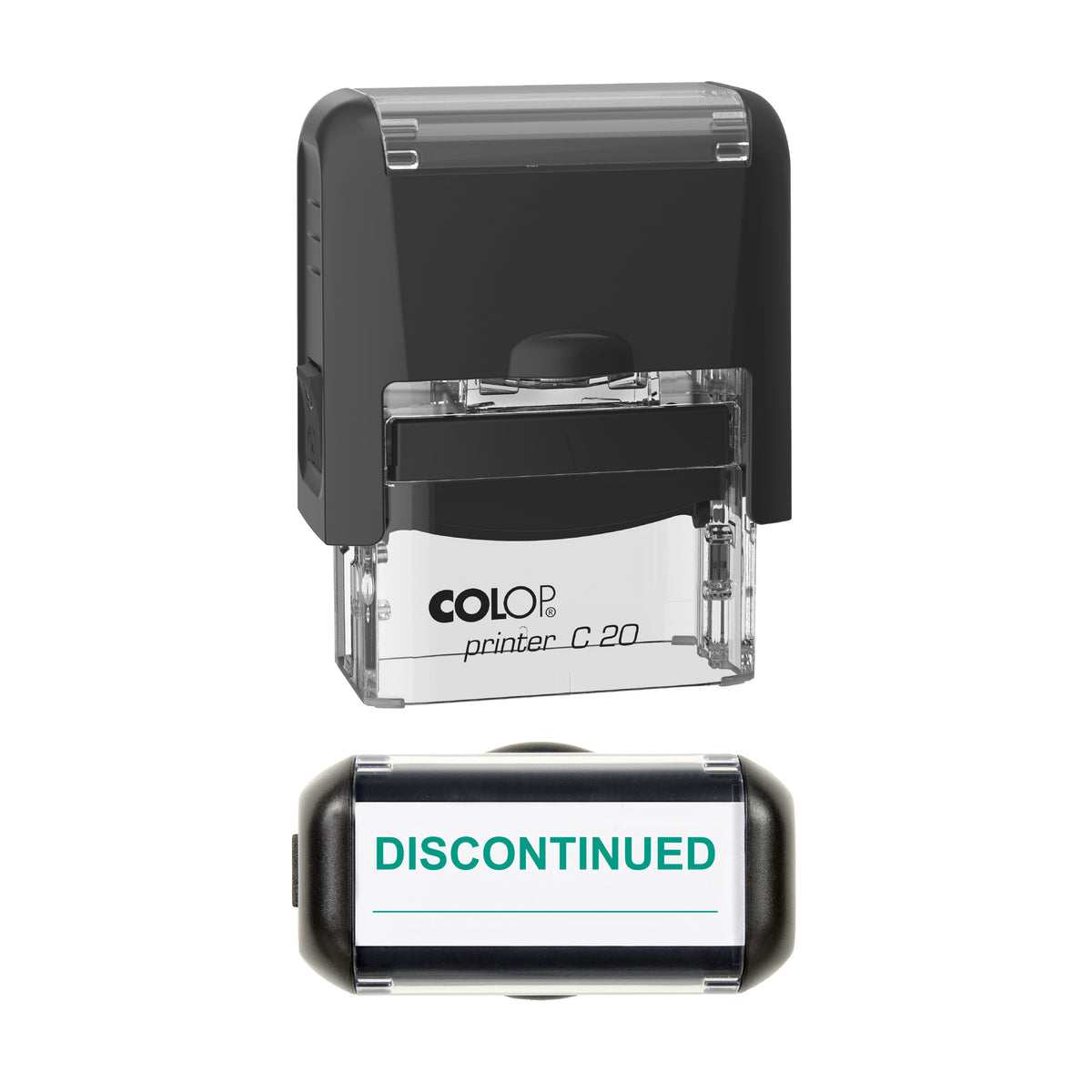 Discontinued with Writing Line Stock Stamp, COLOP C20, 37 x 12mm, green ink