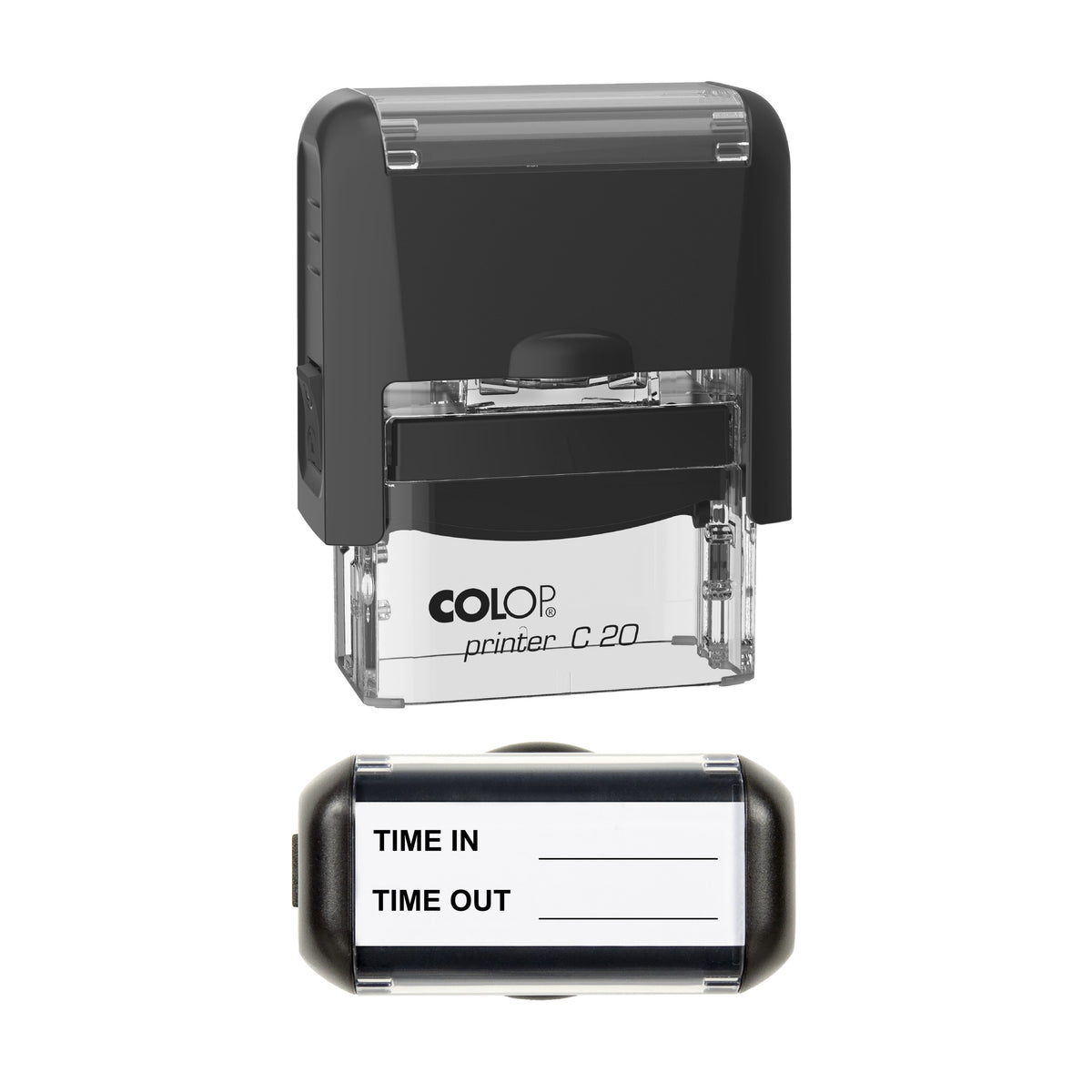 Time In and Time Out Record Stamp, COLOP C20, 37 x 12mm, black ink