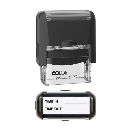 Stamp showing the Time In and Time Out Record design, 37 x 12mm COLOP C20 self-inking stamp, black ink