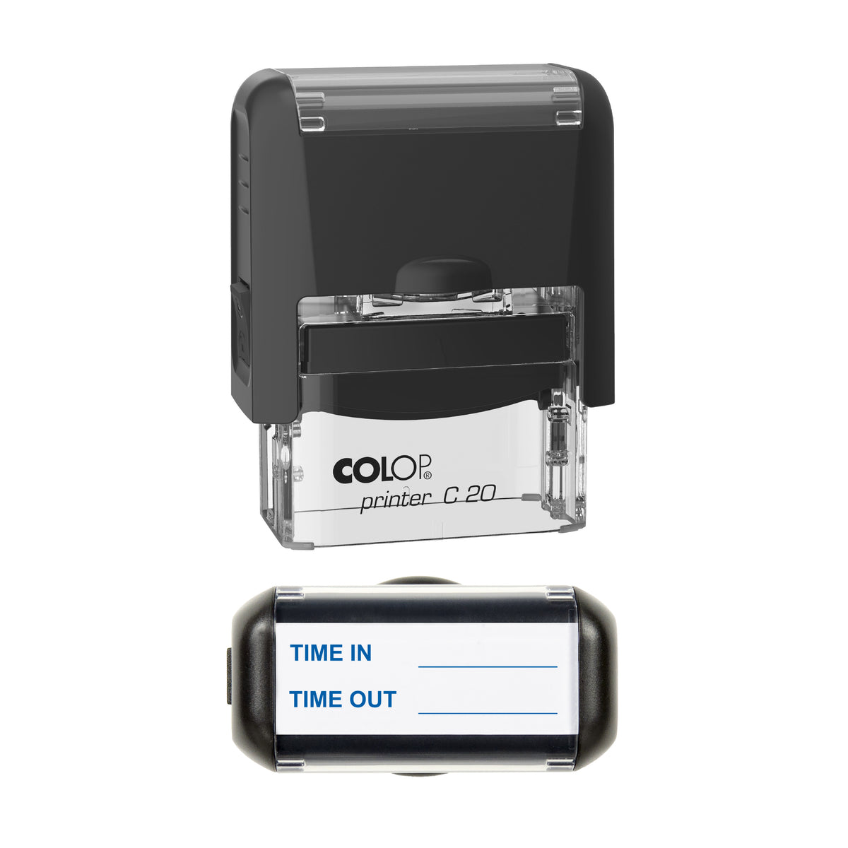 Time In and Time Out Record Stamp, COLOP C20, 37 x 12mm, blue ink