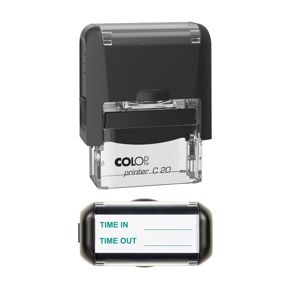 Time In and Time Out Record Stamp, COLOP C20, 37 x 12mm, green ink