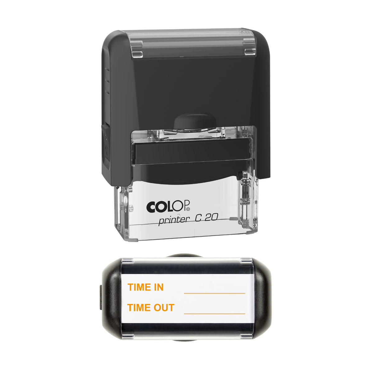 Time In and Time Out Record Stamp, COLOP C20, 37 x 12mm, orange ink