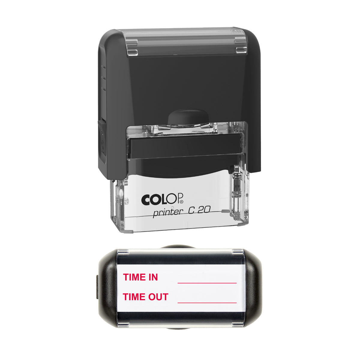 Time In and Time Out Record Stamp, COLOP C20, 37 x 12mm, red ink
