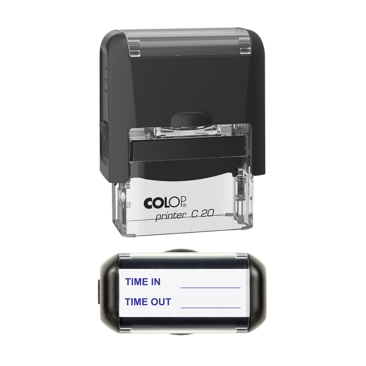 Time In and Time Out Record Stamp, COLOP C20, 37 x 12mm, violet ink