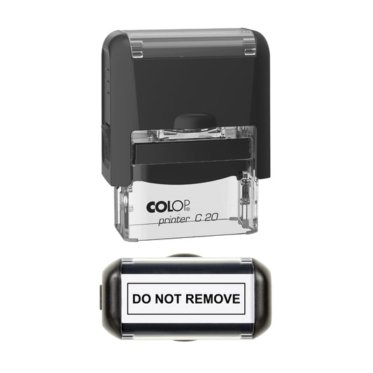 Stamp showing the Do Not Remove Stock design, 37 x 12mm COLOP C20 self-inking stamp, black ink