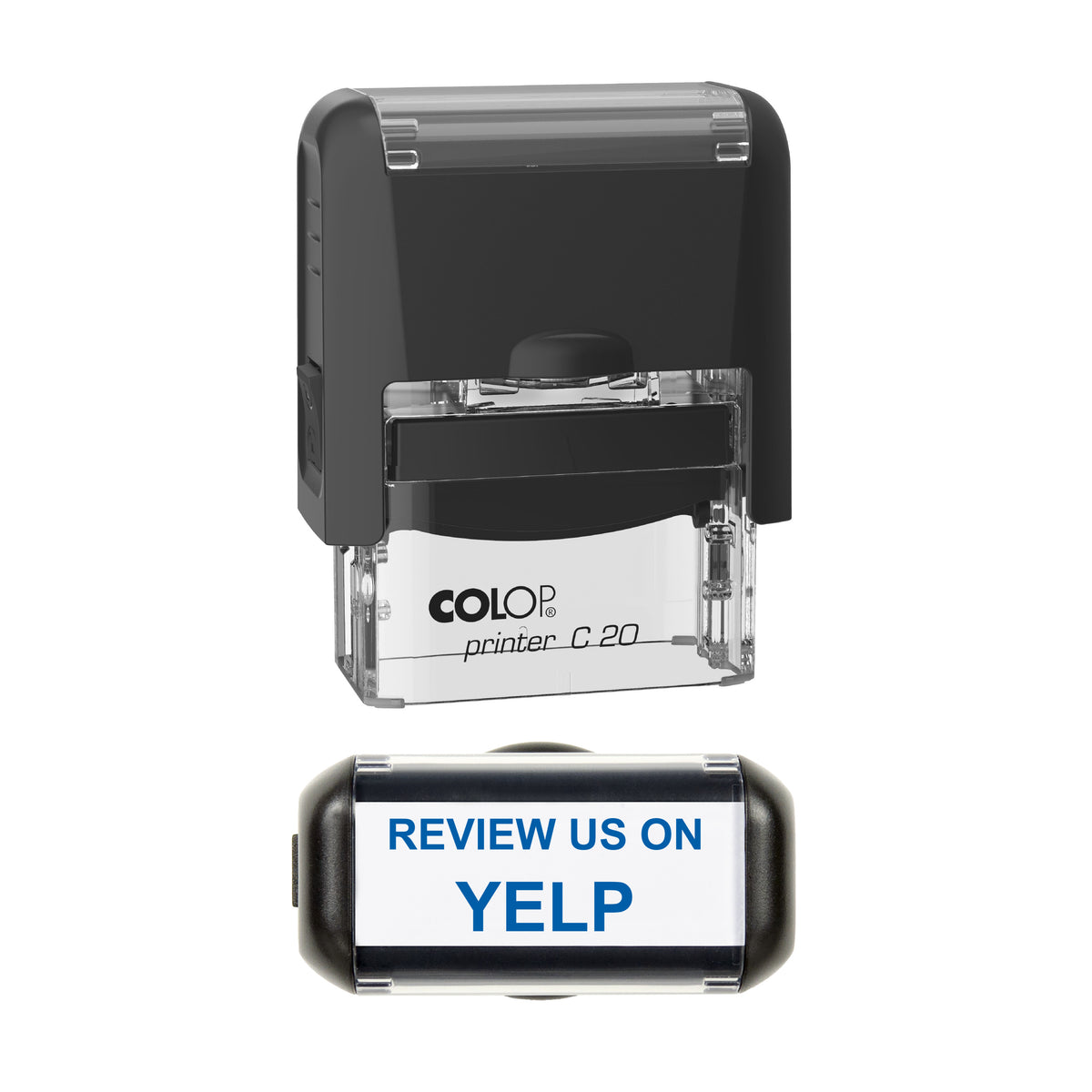 Review Us on Yelp Stamp, COLOP C20, 37 x 12mm, blue ink