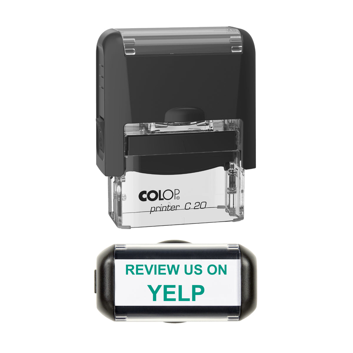 Review Us on Yelp Stamp, COLOP C20, 37 x 12mm, green ink