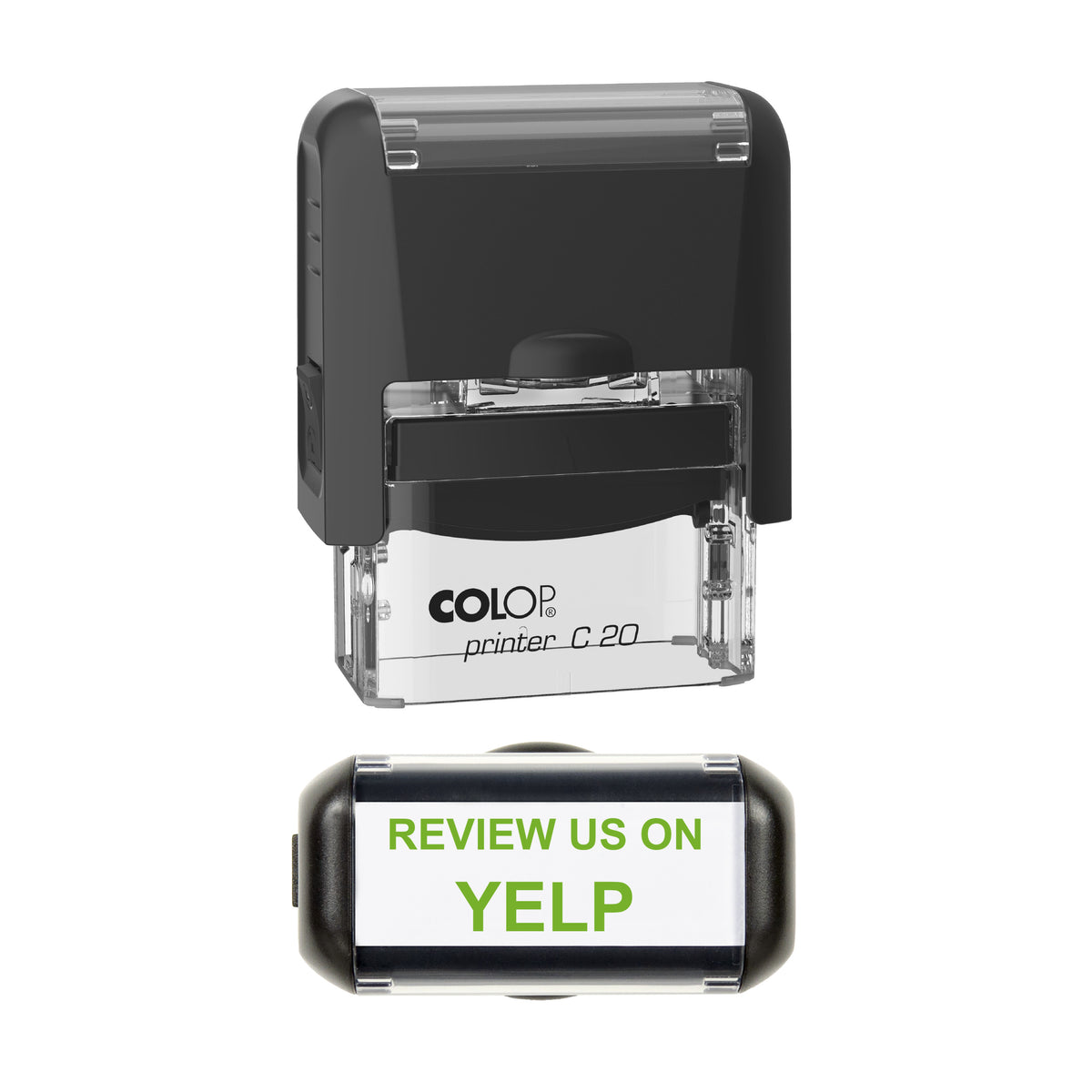 Review Us on Yelp Stamp, COLOP C20, 37 x 12mm, light_green ink