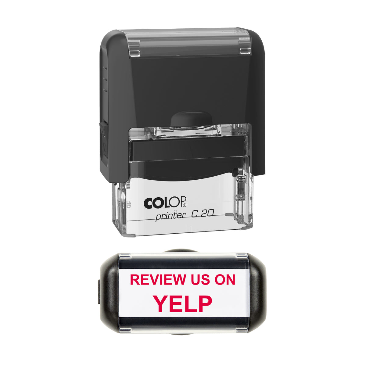 Review Us on Yelp Stamp, COLOP C20, 37 x 12mm, red ink