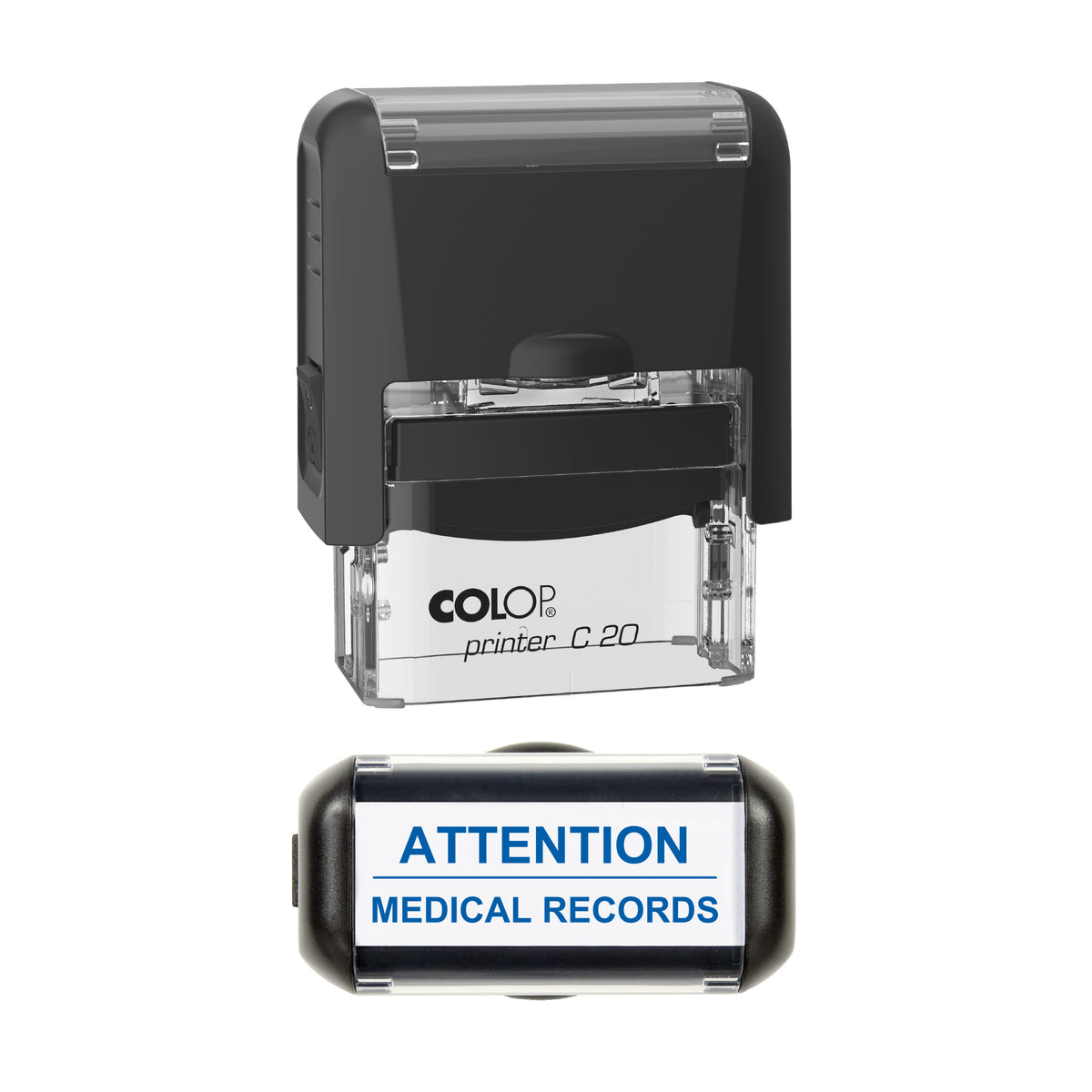 Attention Medical Records Stamp, COLOP C20, 37 x 12mm, blue ink