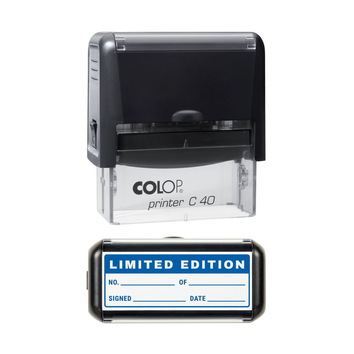 Limited Edition Numbered Stamp, COLOP C40, 58 x 22mm, blue ink