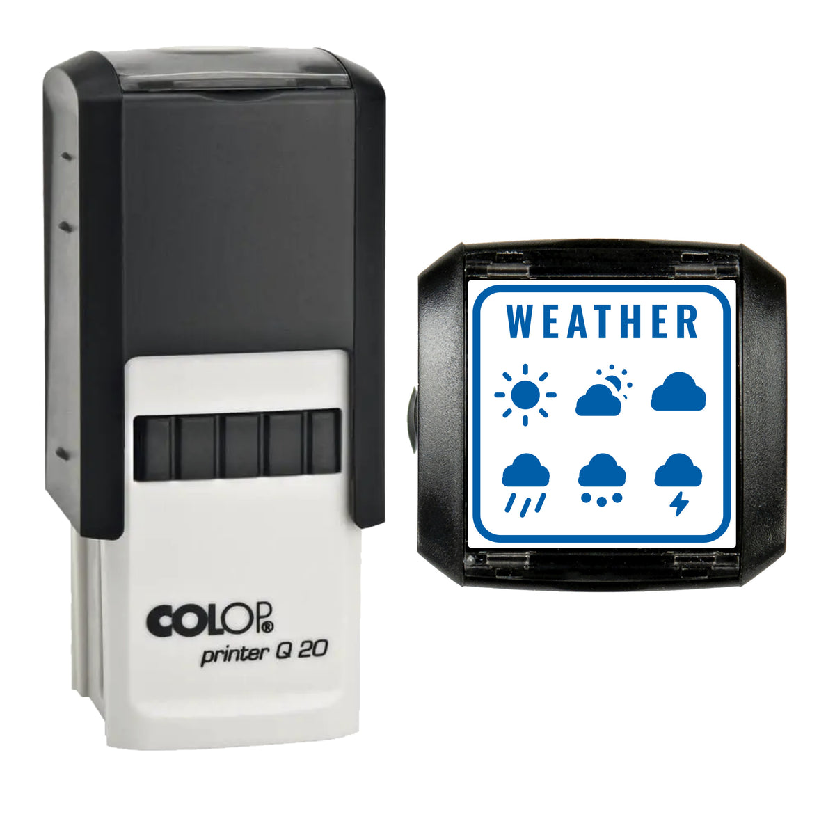 Weather Tracker Journal Stamp, COLOP Q20, 20 x 20mm, blue ink