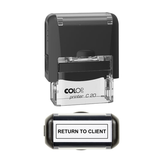Stamp showing the Return to Client design, 37 x 12mm COLOP C20 self-inking stamp, black ink