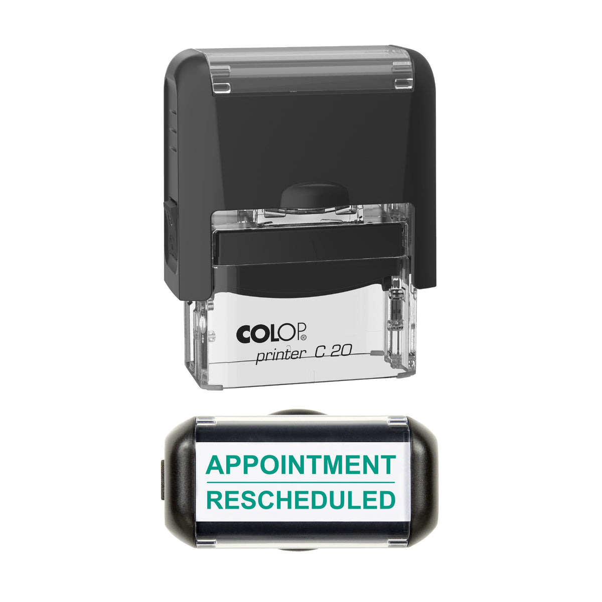 Appointment Rescheduled Stamp, COLOP C20, 37 x 12mm, green ink