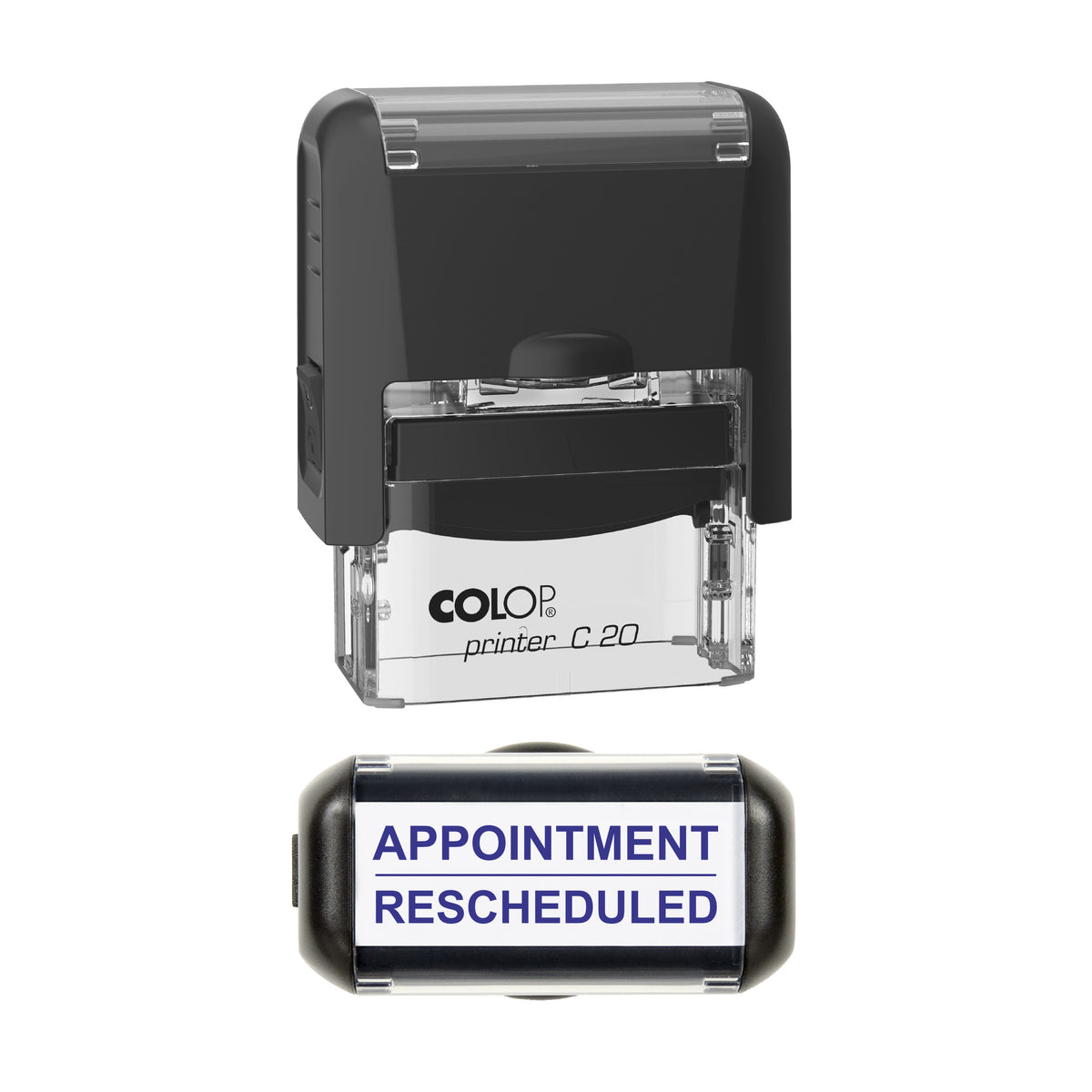 Appointment Rescheduled Stamp, COLOP C20, 37 x 12mm, violet ink