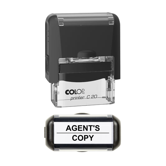 Stamp showing the Agent's Copy design, 37 x 12mm COLOP C20 self-inking stamp, black ink