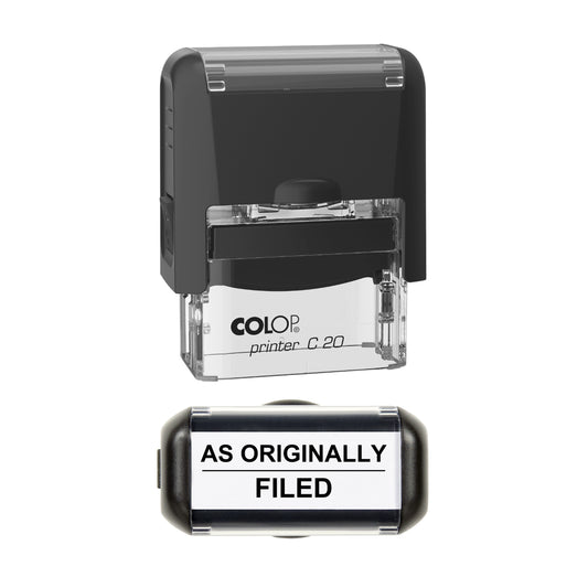 Stamp showing the As Originally Filed design, 37 x 12mm COLOP C20 self-inking stamp, black ink