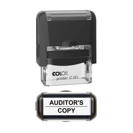 Stamp showing the Auditor's Copy design, 37 x 12mm COLOP C20 self-inking stamp, black ink