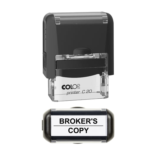 Stamp showing the Broker's Copy design, 37 x 12mm COLOP C20 self-inking stamp, black ink