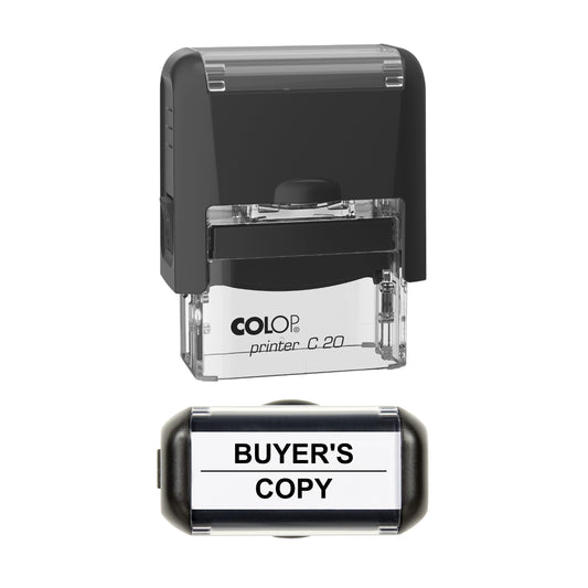Stamp showing the Buyer's Copy design, 37 x 12mm COLOP C20 self-inking stamp, black ink