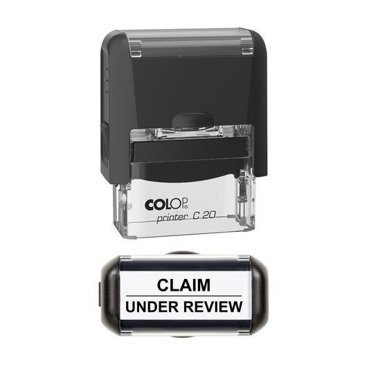 Stamp showing the Claim Under Review design, 37 x 12mm COLOP C20 self-inking stamp, black ink