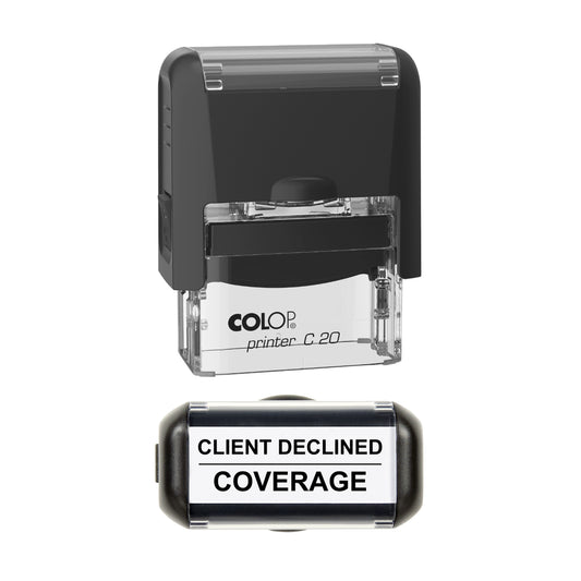 Stamp showing the Client Declined Coverage design, 37 x 12mm COLOP C20 self-inking stamp, black ink