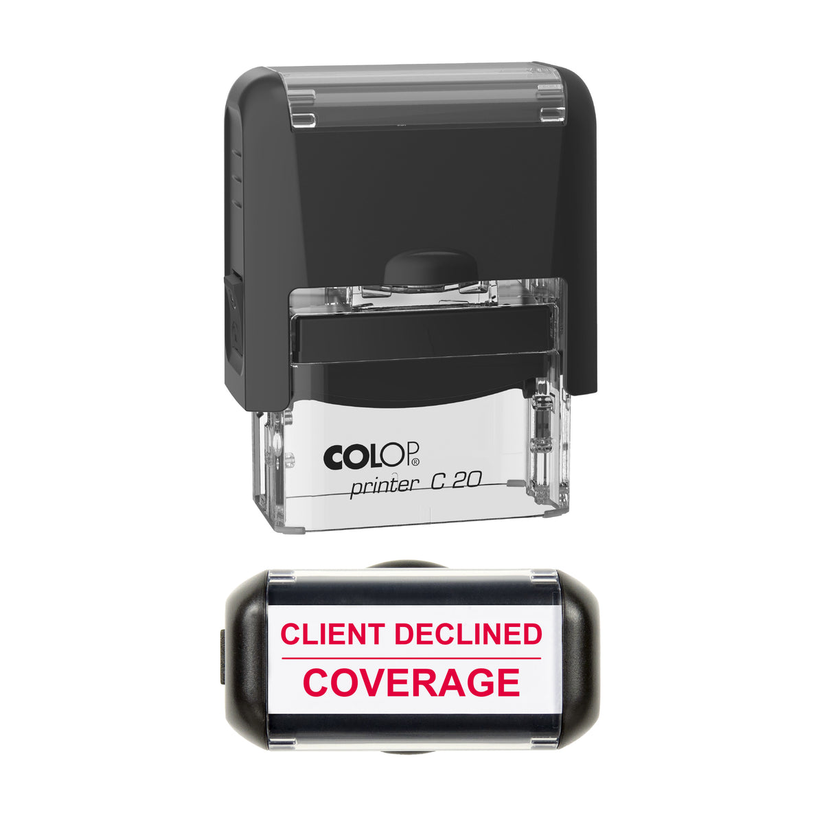 Client Declined Coverage Stamp, COLOP C20, 37 x 12mm, red ink