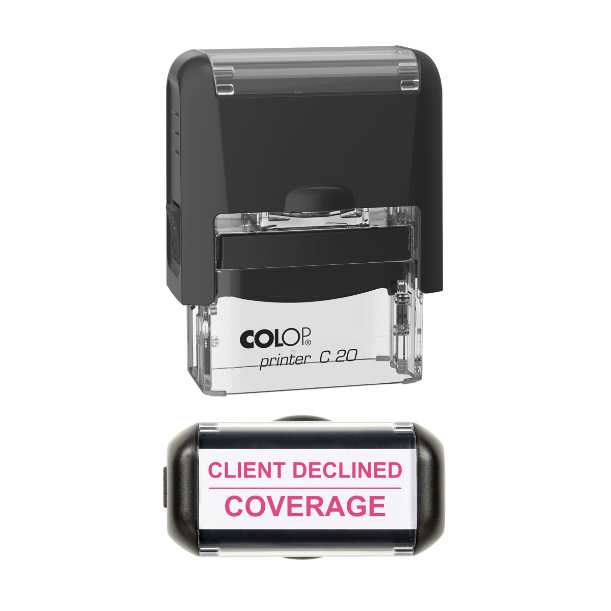 Client Declined Coverage Stamp, COLOP C20, 37 x 12mm, soft_pink ink