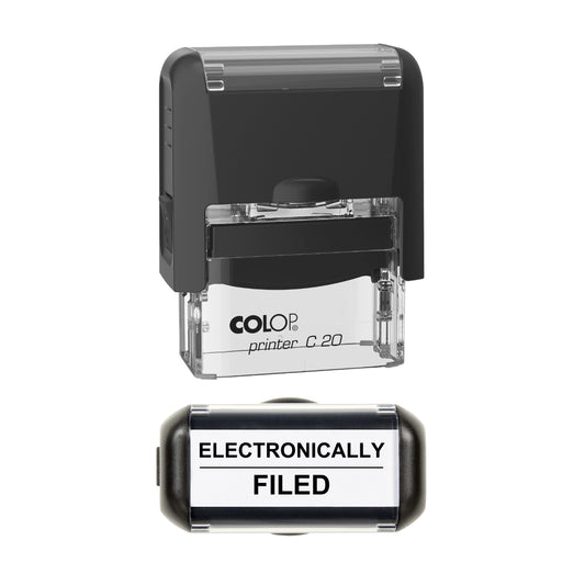 Stamp showing the Electronically Filed design, 37 x 12mm COLOP C20 self-inking stamp, black ink