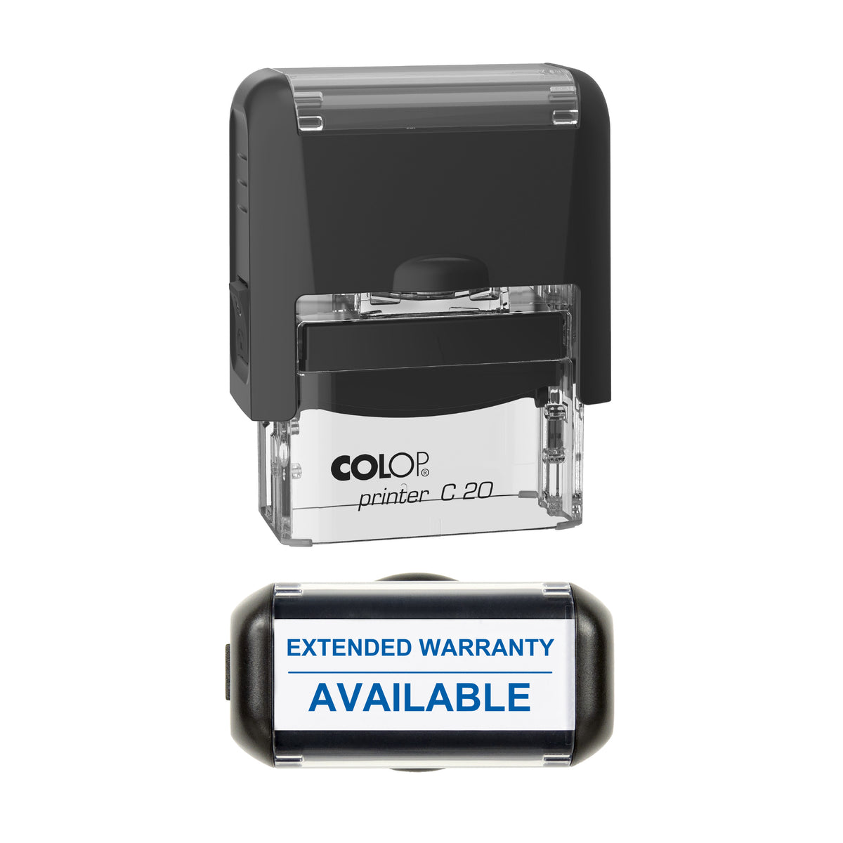 Extended Warranty Available Vehicle Service Stamp, COLOP C20, 37 x 12mm, blue ink