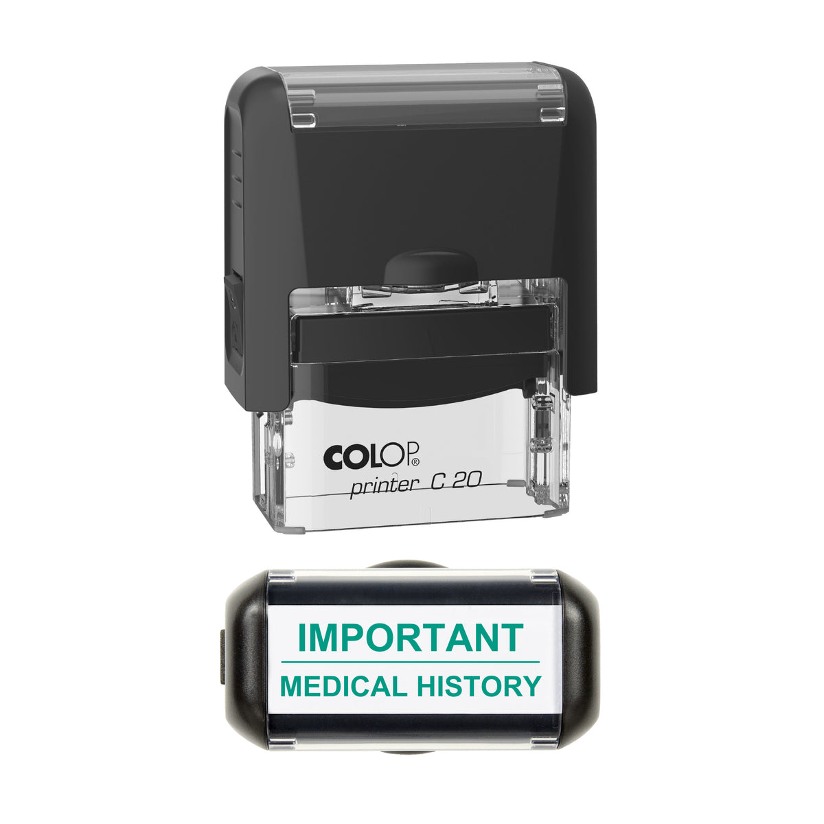 Important Medical History Stamp, COLOP C20, 37 x 12mm, green ink