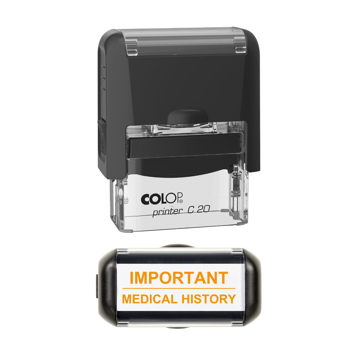 Important Medical History Stamp, COLOP C20, 37 x 12mm, orange ink