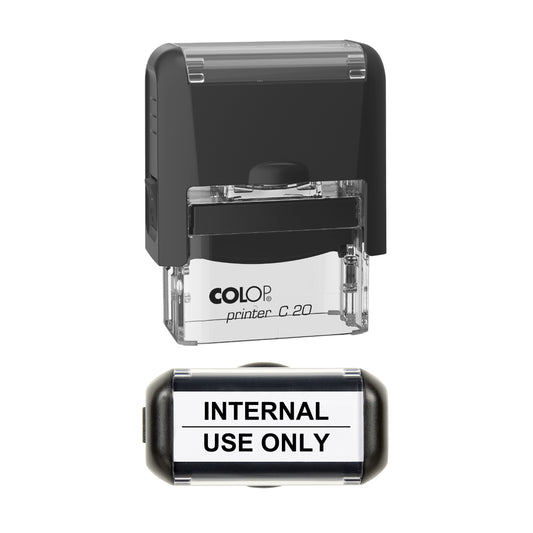 Stamp showing the Internal Use Only design, 37 x 12mm COLOP C20 self-inking stamp, black ink