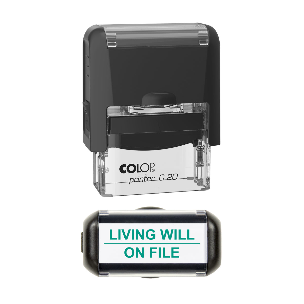 Living Will On File Stamp, COLOP C20, 37 x 12mm, green ink
