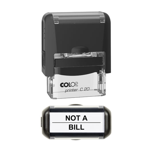 Stamp showing the Not A Bill design, 37 x 12mm COLOP C20 self-inking stamp, black ink