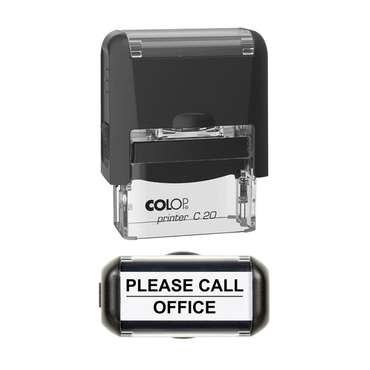 Stamp showing the Please Call Office design, 37 x 12mm COLOP C20 self-inking stamp, black ink