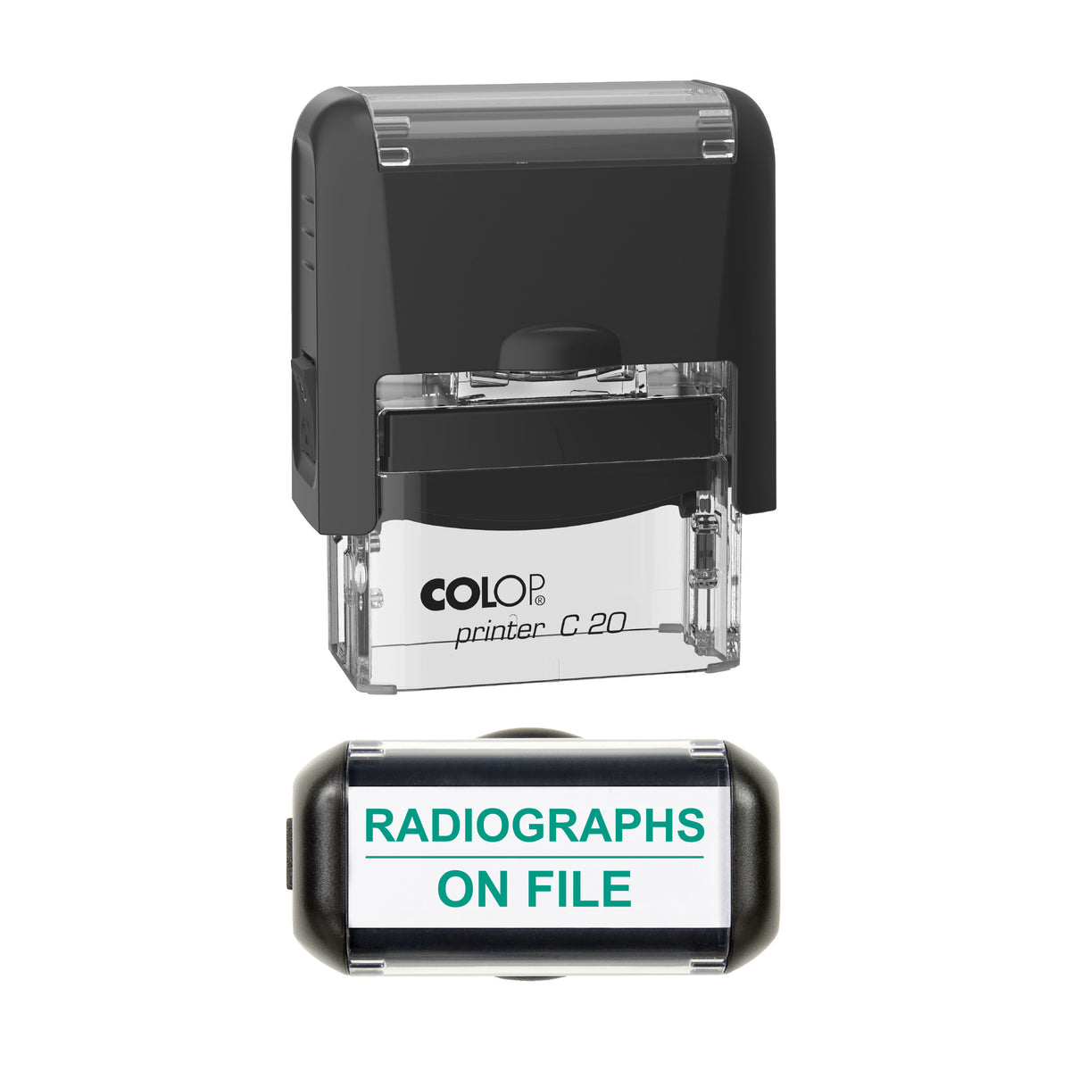 Radiographs On File Stamp, COLOP C20, 37 x 12mm, green ink