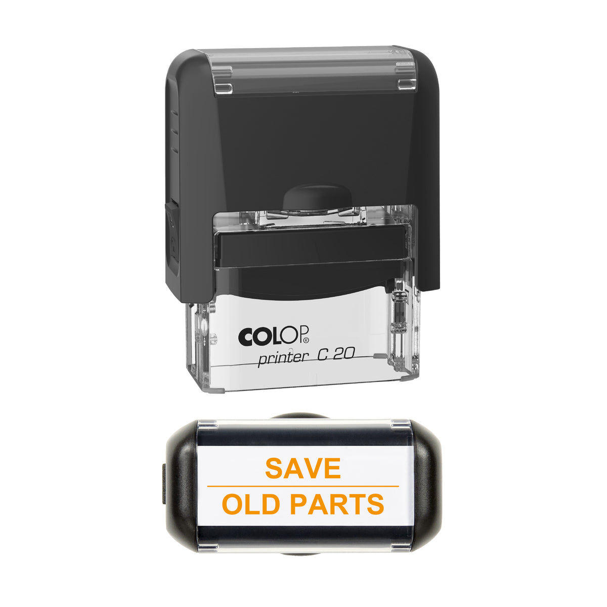 Save Old Parts Vehicle Service Stamp, COLOP C20, 37 x 12mm, orange ink