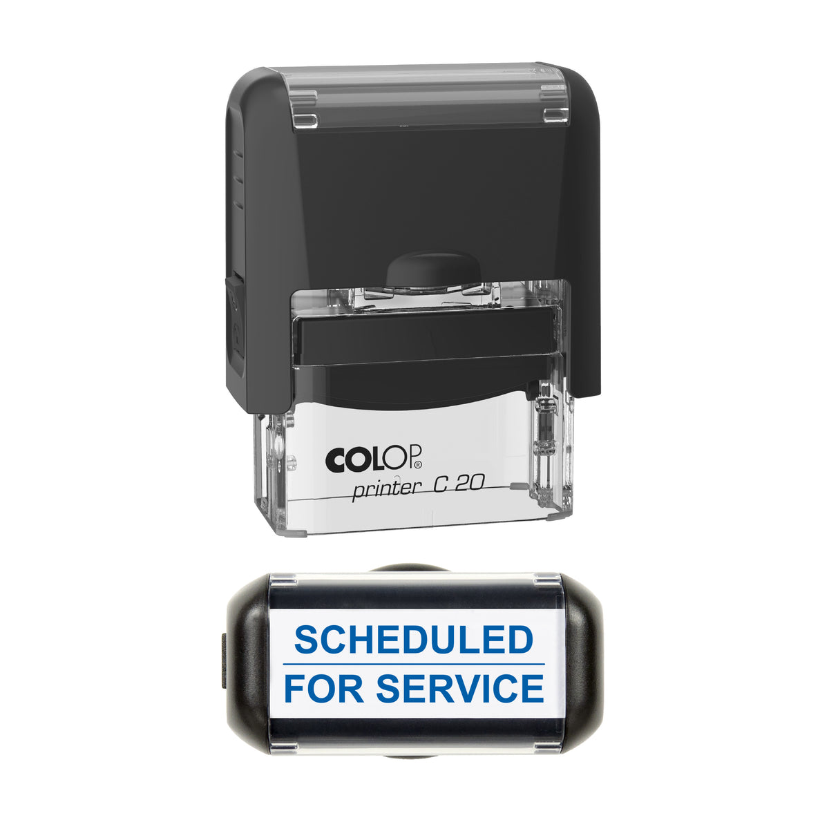 Scheduled For Service Stamp, COLOP C20, 37 x 12mm, blue ink