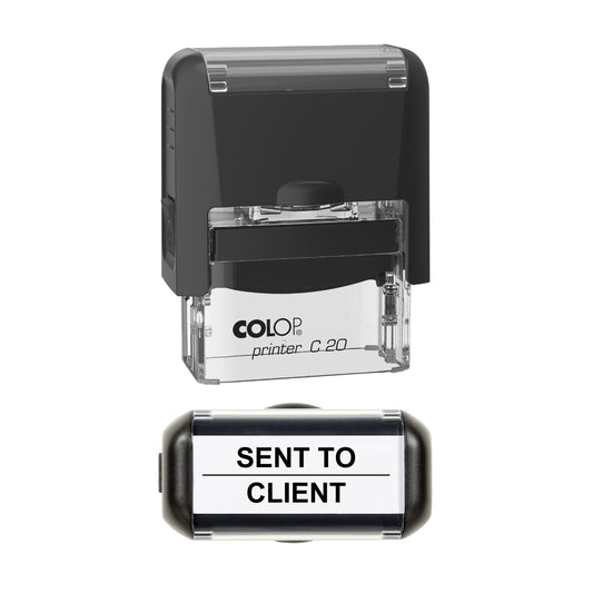 Stamp showing the Sent To Client design, 37 x 12mm COLOP C20 self-inking stamp, black ink