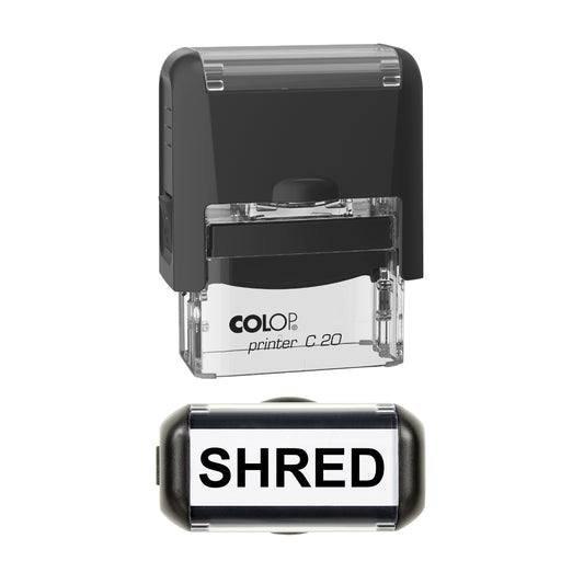 Stamp showing the Shred design, 37 x 12mm COLOP C20 self-inking stamp, black ink