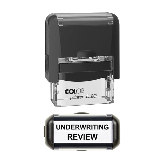 Stamp showing the Underwriting Review design, 37 x 12mm COLOP C20 self-inking stamp, black ink