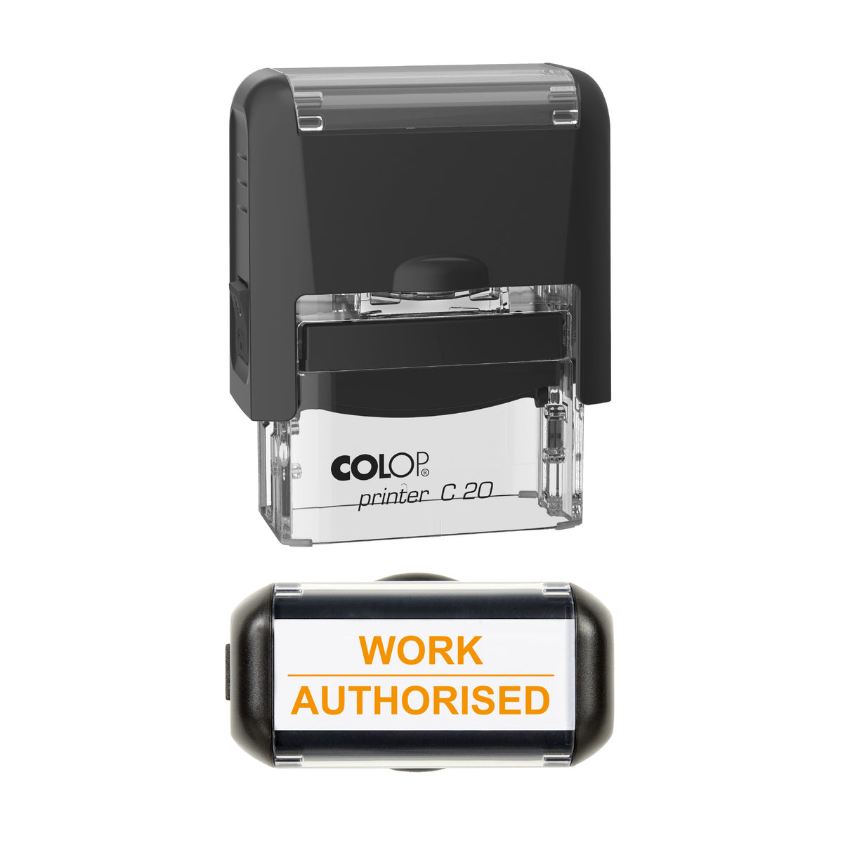 Work Authorised Vehicle Service Stamp, COLOP C20, 37 x 12mm, orange ink