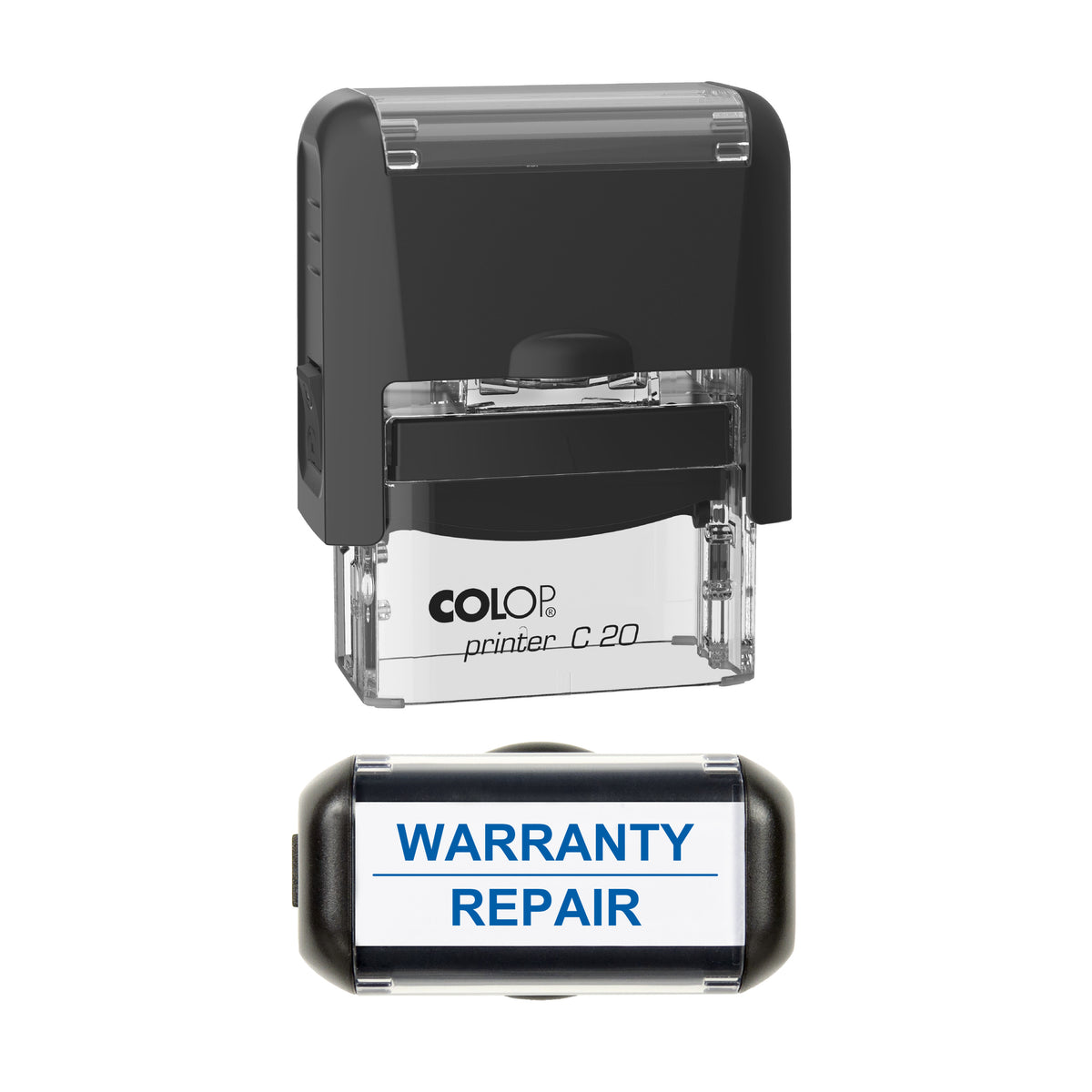 Warranty Repair Vehicle Service Stamp, COLOP C20, 37 x 12mm, blue ink