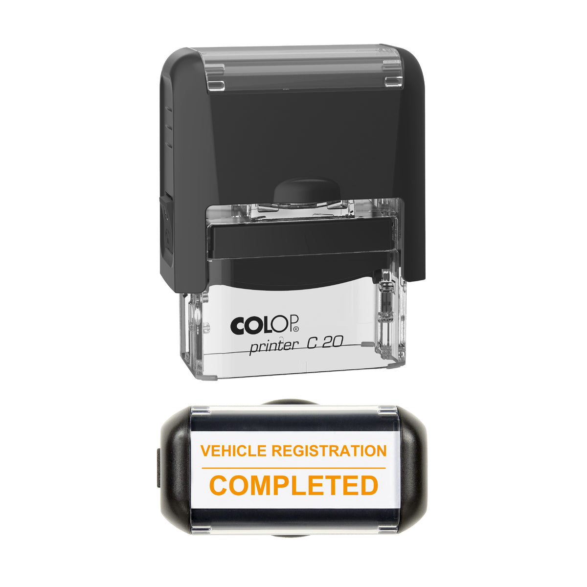Vehicle Registration Completed Stamp, COLOP C20, 37 x 12mm, orange ink